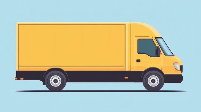 Yellow delivery truck illustration, side view, isolated on light-blue background.