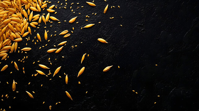 Golden einkorn grains scatered across a dark surface showcasing their fine texure and natural elongated orm under soft light.