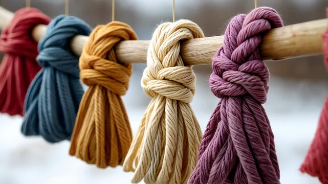 Colorful threads tied on wooden rods swaying in the wind against a snowy backdrop