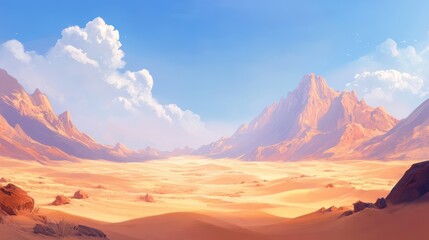 Fototapeta premium A vast desert landscape with majestic mountains, bright blue skies, and fluffy clouds, showcasing the beauty of arid environments.