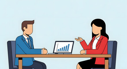 Business discussion and data Analysis: A visual representation of two individuals, engrossed in a collaborative business discussion, utilizing a laptop to analyze data and charts.
