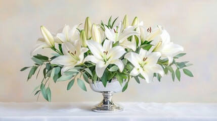 Elegant White Lily Floral Arrangement in Decorative Vase Centerpiece