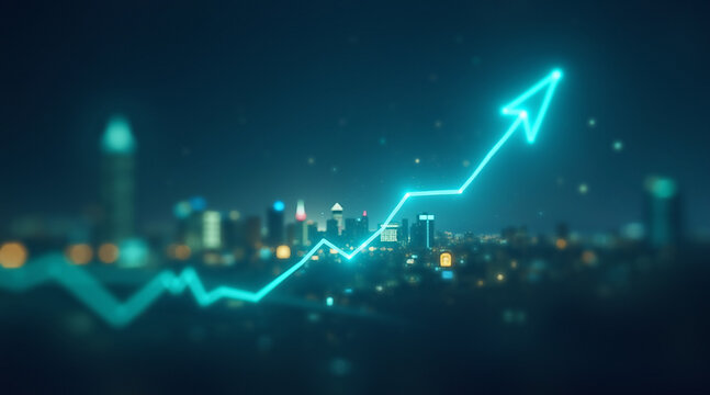 Dynamic Financial Growth Chart Soaring Over a Blurry Illuminated City at Night