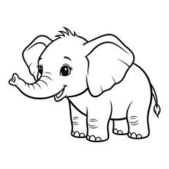Obraz premium Adorable Cartoon Baby Elephant Illustration, Black and White Line Art, Happy and Playful Mood, Perfect for Children's Books, Coloring Pages, and Cute Animal Designs.
