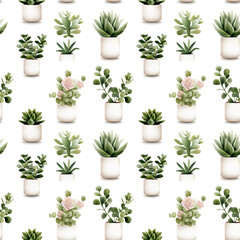 Obraz premium Seamless pattern with green houseplants in white pots including succulents, cactus, eucalyptus and decorative flowers on clean background for fabric, wallpaper and wrapping design