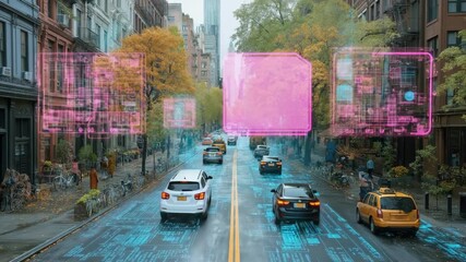 Futuristic urban traffic with digital interfaces and augmented reality elements - Powered by Adobe
