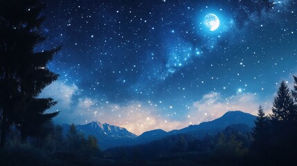 A serene night sky filled with stars and a bright moon illuminates a mountain landscape, creating a tranquil and mystical atmosphere.