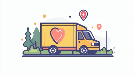 Fototapeta premium Yellow delivery van with heart logo on side, driving through a landscape with trees.