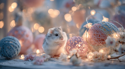 Fototapeta premium A charming hamster celebrates Christmas amongst ornaments and lights.