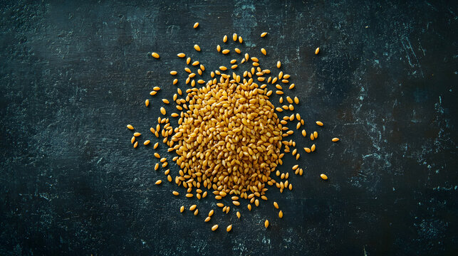 A close-up of golden Einkorn grains, slim and elongaed, arranged on a dark, smoth background.