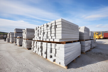 Construction site displays stacks of concrete blocks in daylight