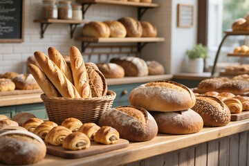 An inviting assortment of beautifully crafted artisanal breads, all displayed attractively within a bakery setting