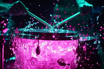 This high-energy image captures a drummer performing passionately, with colorful water splashes enhancing the dynamic atmosphere of an exciting musical moment on stage.