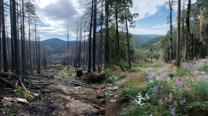 Regeneration landscapes showing new plant growth after disturbances like fire or logging, highlighting ecosystem resilience and recovery