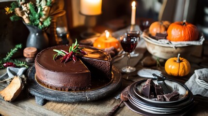 Rich Chocolate Cake Decorated with Spicy Peppers and Seasonal Props