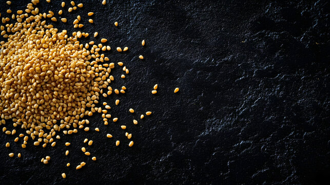 A close-up view of golden Einkorn grains with a focu on their narrow shape andnatural texture, set againt a dark backdrop.