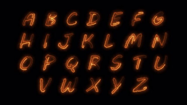 Fiery alphabet letters glowing with hot fire effect against a dark background for educational designs, animated alphabet letters.