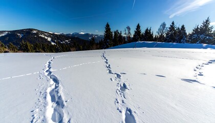 Obraz premium Footprints on pristine snow, a winter landscape stretches out to a distant, forested mountain range, bathed in sunlight.