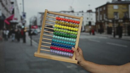 Man holding colorful abacus on a busy city street showcasing urban education and creativity amidst a bustling outdoor environment. - Powered by Adobe