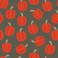 Red bell peppers seamless pattern on dark background. Hand drawn vector illustration. Vegetable and healthy wallpaper.