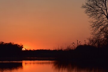 Sunset on the river with willows in the foreground and reflection in the water