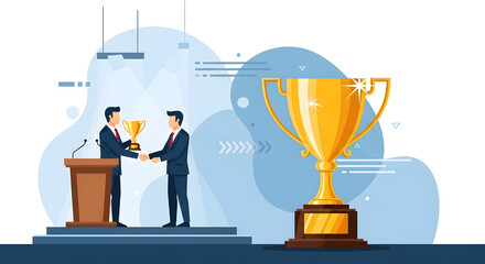 Corporate Victory: Illustrative, elegant vector art showcasing the presentation of a golden trophy, symbolizing achievement and success in the business world.