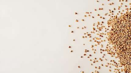 Sorghum grains scattered in a random, natural way ona white flat background wih soft beige hues.