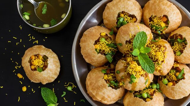 Exquisite Indian Street Food: A close-up studio shot showcases an assortment of the iconic, crispy, and flavorful street food delight, prepared and presented in their full glory.
