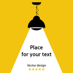 Lamp silhouette. Electric lamp shines on yellow banner with space for text. home lamp. Vector illustration of flat design. Isolated on white background. Modern interior. Lamp icon. cartoon spotlight
