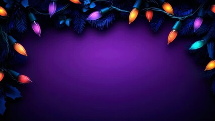 Colorful holiday lights on purple background with festive pine sprigs. Merry Christmas, Nativity, Xmas, Noel, Navidad - Global Winter Holiday, Christian Religious Celebration. Happy New Year - Powered by Adobe
