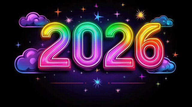 Colorful neon 2026 with stars and clouds on black background. Happy New Year 2026