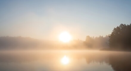 Obraz premium Misty Sunrise Lake Reflection.