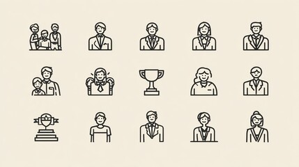 Simple line art icons of people and achievements