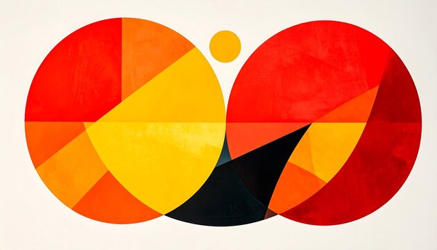 Two overlapping circles, segmented into colorful geometric shapes, create a dynamic abstract design, featuring vibrant red, orange, and yellow tones against a plain white background.