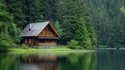 Fototapeta premium A serene wooden cabin by a tranquil lake, surrounded by lush green trees, reflecting nature's beauty in calm waters.