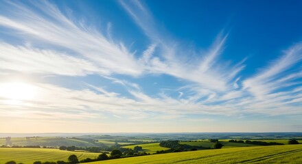 Obraz premium Dramatic Wispy Clouds Over a Green Rural Landscape.