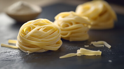 Spaghetti noodles loosely rranged on a dark surface,their natural elegance andsmooth texture visible in  minimalistic yet refined isplay.