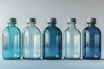  Product focused. Basic cleaning tools. Disinfectant glass bottles in a row. Mockup for branding cleaning product.
