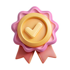 3D Render:  Pastel Pink and Gold Approved Seal, Checkmark Badge, Quality Guarantee Icon, App UI Element