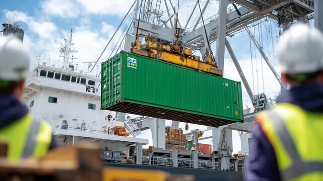 A towering crane hoists a green container skyward with steel cables, as dockworkers in safety vests oversee the operation below.
