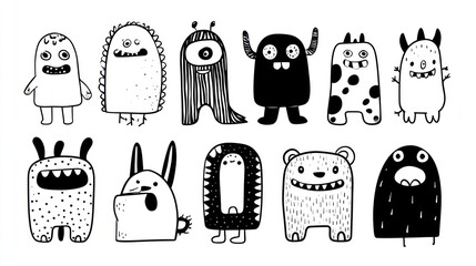 Cute monsters in black and white