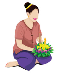 one woman with flower krathongs vector design