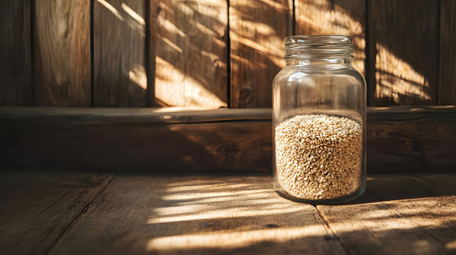 Spelt grains arranged in a glass jar, reflecting ligt from a wooden shelf in te background, emphasizing heir beige color and textue.