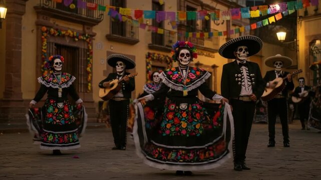 People in colorful traditional mariachi and folkloric clothing with sugar skull face paint for Day of the Dead celebration.