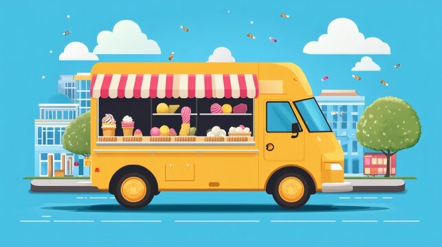 Yellow ice cream truck parked on city street, selling various ice cream treats.