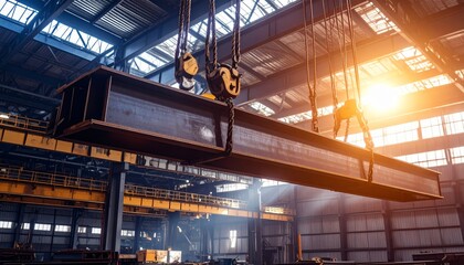 Industrial Crane Lifting Steel Beam in Large Warehouse Setting