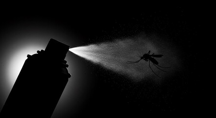 Mosquito being sprayed with insecticide from an aerosol can.