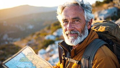 Smiling senior man, with a beard and backpack, holds a map while hiking on a sunny mountain trail, reflecting an adventurous and active outdoor lifestyle