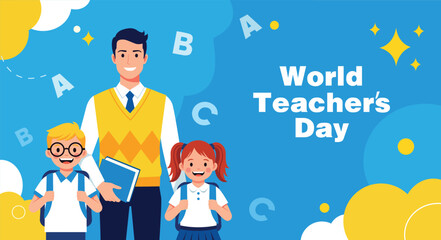 Illustration celebrating World Teacher's Day with a smiling teacher, a boy with glasses, and a girl with pigtails, against a blue background with ABC letters.