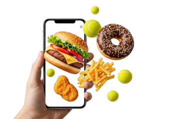 Hand holding smartphone displaying fast food items isolated on transparent background